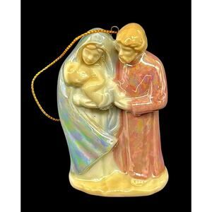 Vtg Nativity Holy Family Joseph Mary Baby Jesus Iridescent Ceramic Ornament 3"